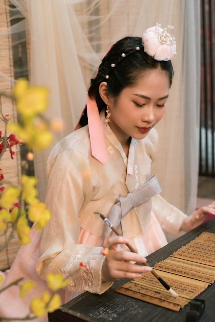 Photo by Keisha Kim a woman in a kimono writing on a piece of wood