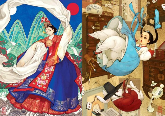 흑요석 작가 작품인 화관무여인(왼쪽)과 이상한 나라의 앨리스