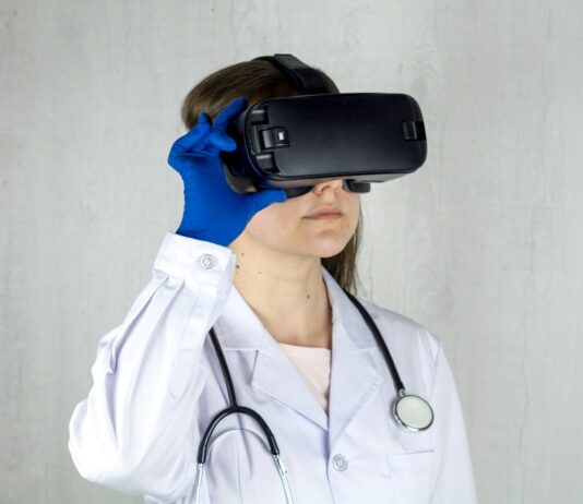 AI가 바꾸는 건강 관리의 현재와 미래 a woman in a white coat and blue gloves is wearing a virtual headset